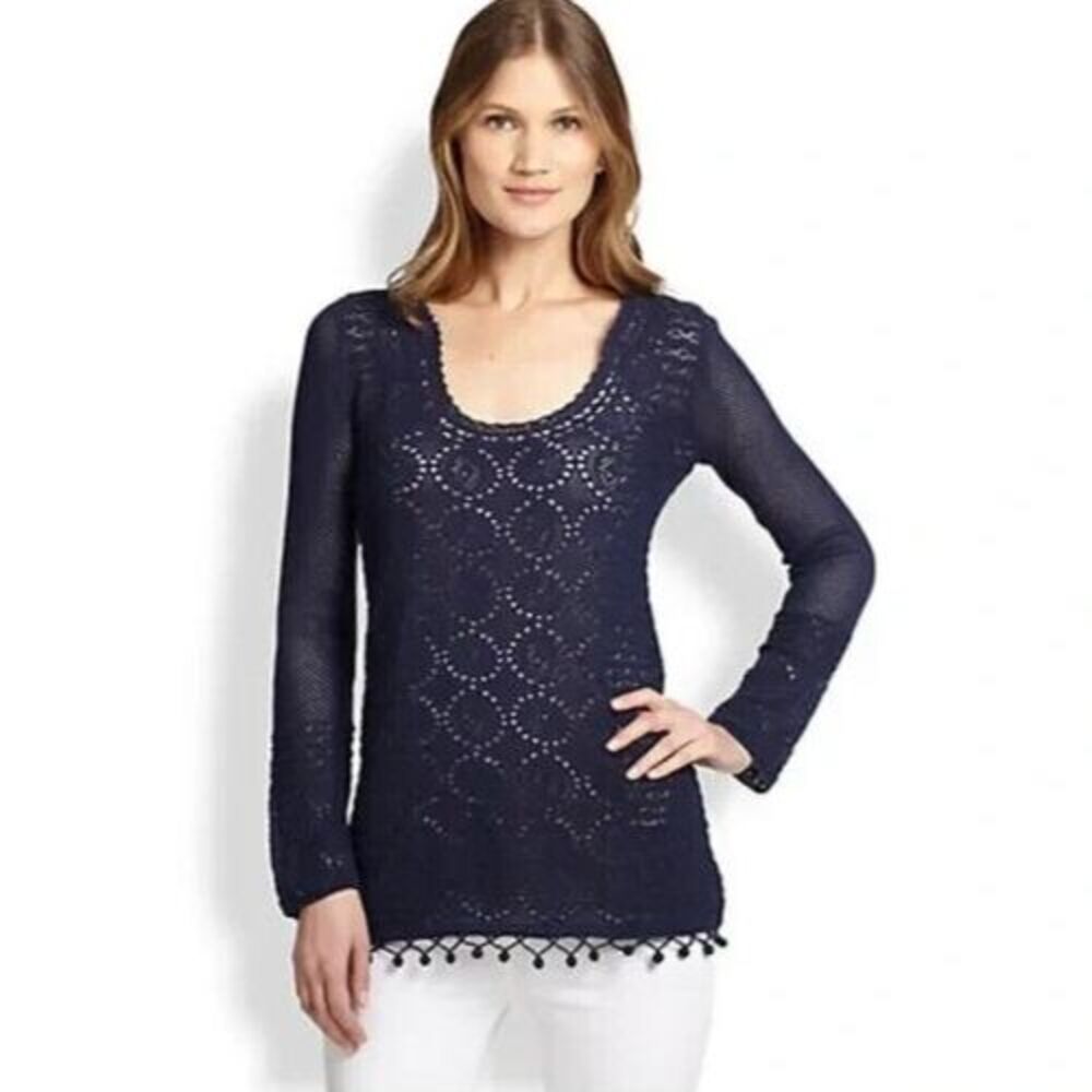 Lilly Pulitzer Crochet Sweater Tunic Size Small Athena Navy Blue Pom Pom Boho